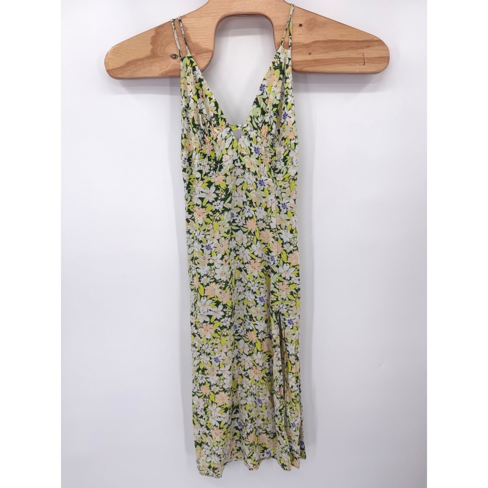 Urban Outfitters Midi Dress Women XS Green Floral Linen Slit Spaghetti Strap